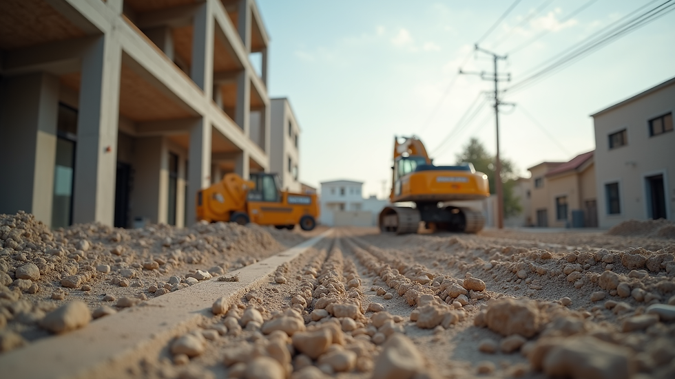 Eye-level view of a construction site with building materials and machinery