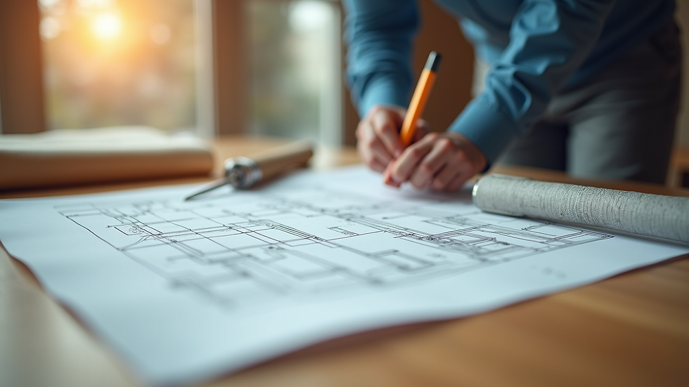 Close-up view of construction blueprint and measuring tools on a wooden table