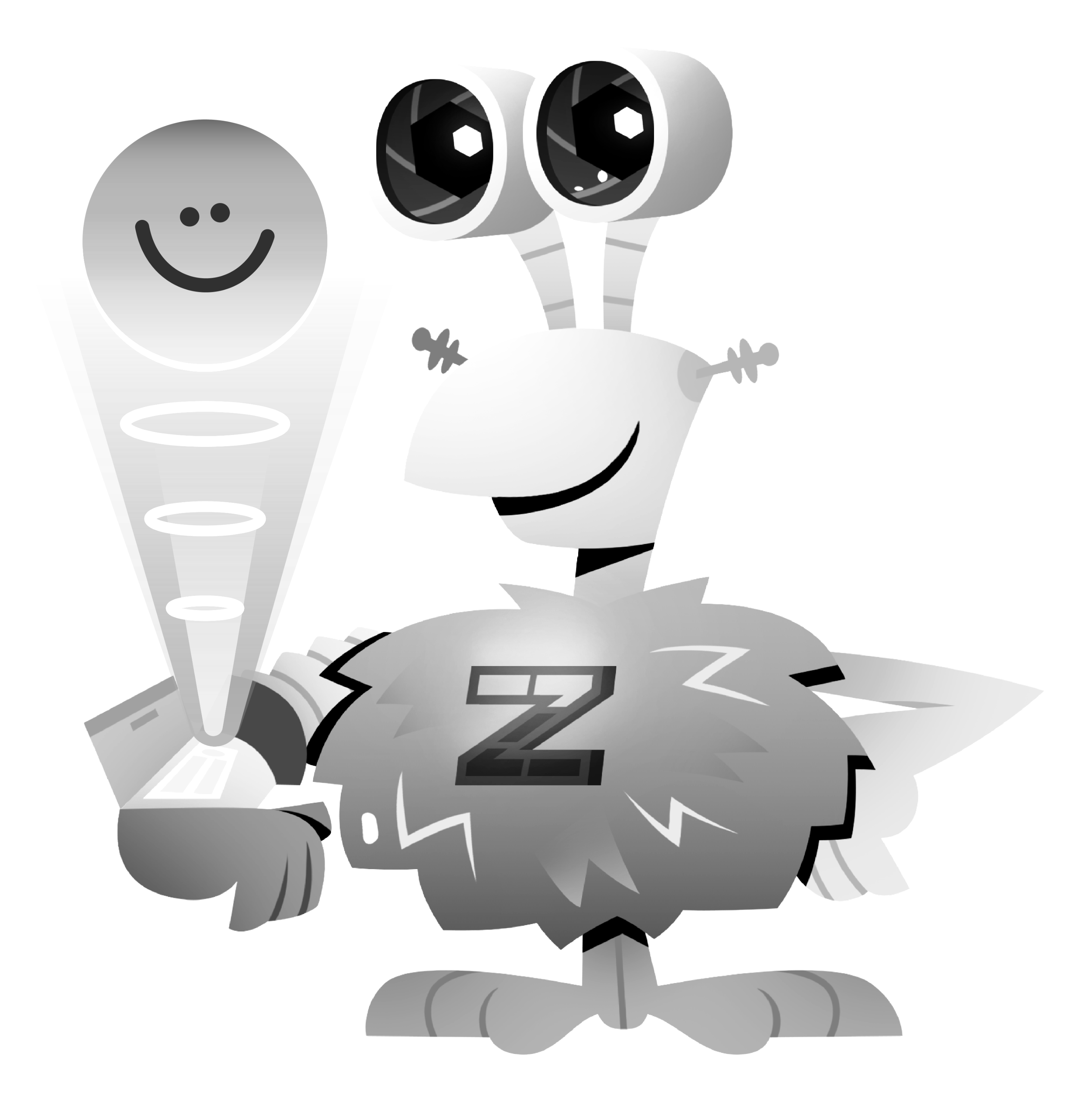 Black and White image of Zimmi with Happy Hologram