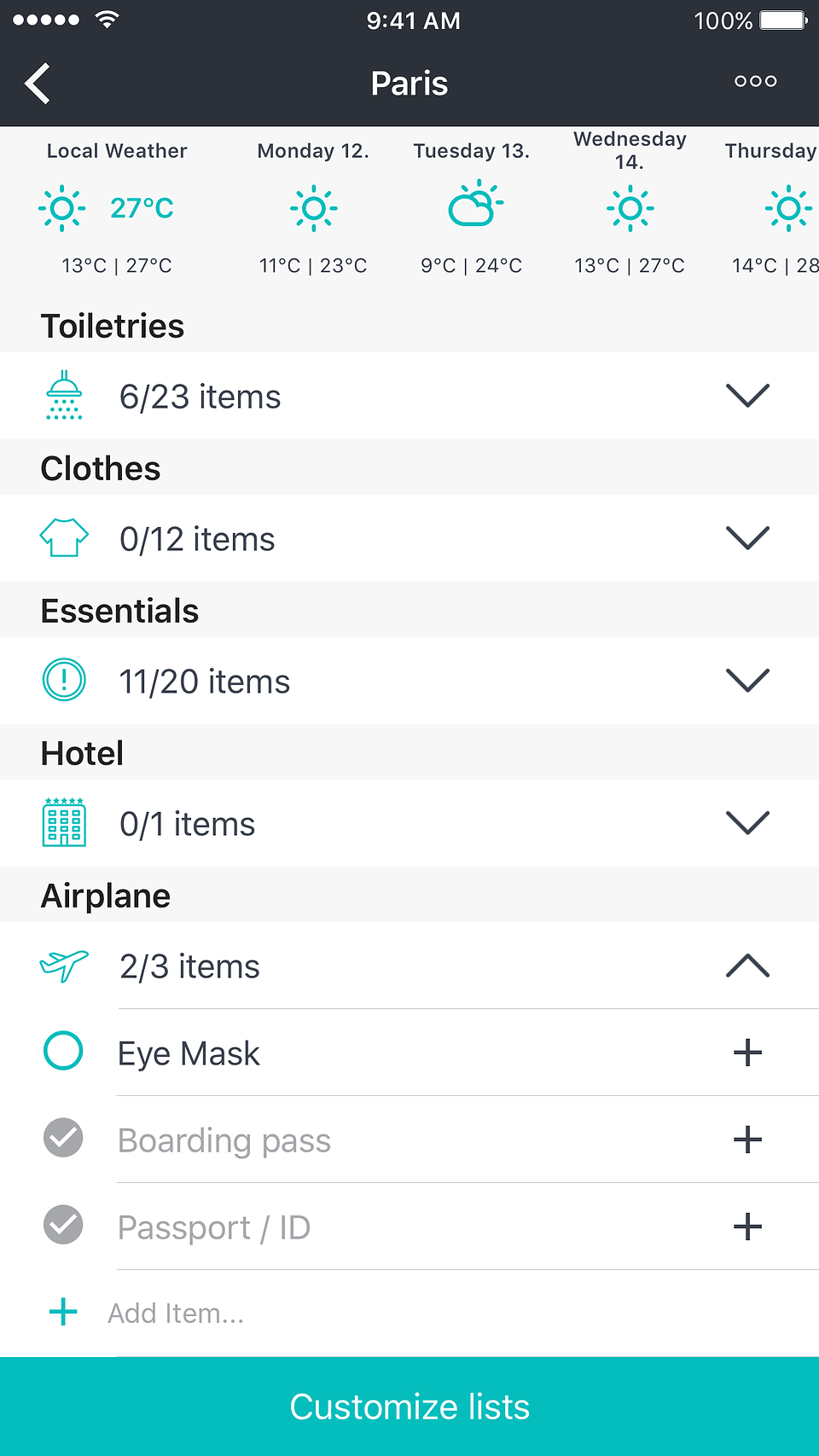 packing list on packr premium app