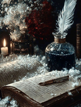 Vintage writing scene with quill, inkwell, book, candle, and white feathers