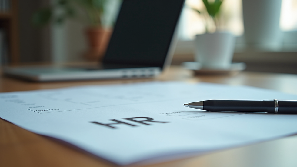 Eye-level view of an office desk with HR documents and a laptop