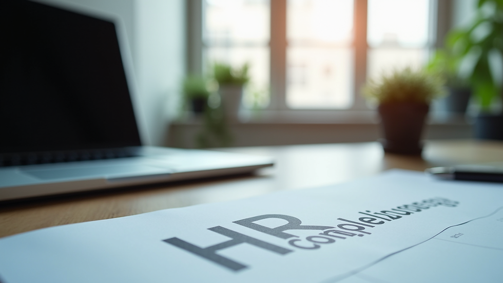 Eye-level view of office desk with HR compliance documents and laptop