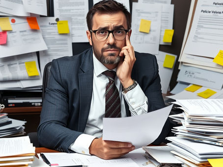 Business Owner Surrounded by HR notes, paperwork, and policies.