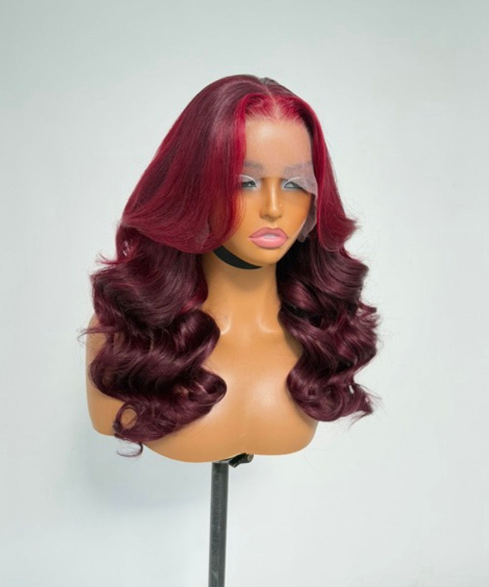 Burgundy red highlight body wave HD lace wig made from 100% premium human hair with a pre-styled, pre-plucked hairline and bl