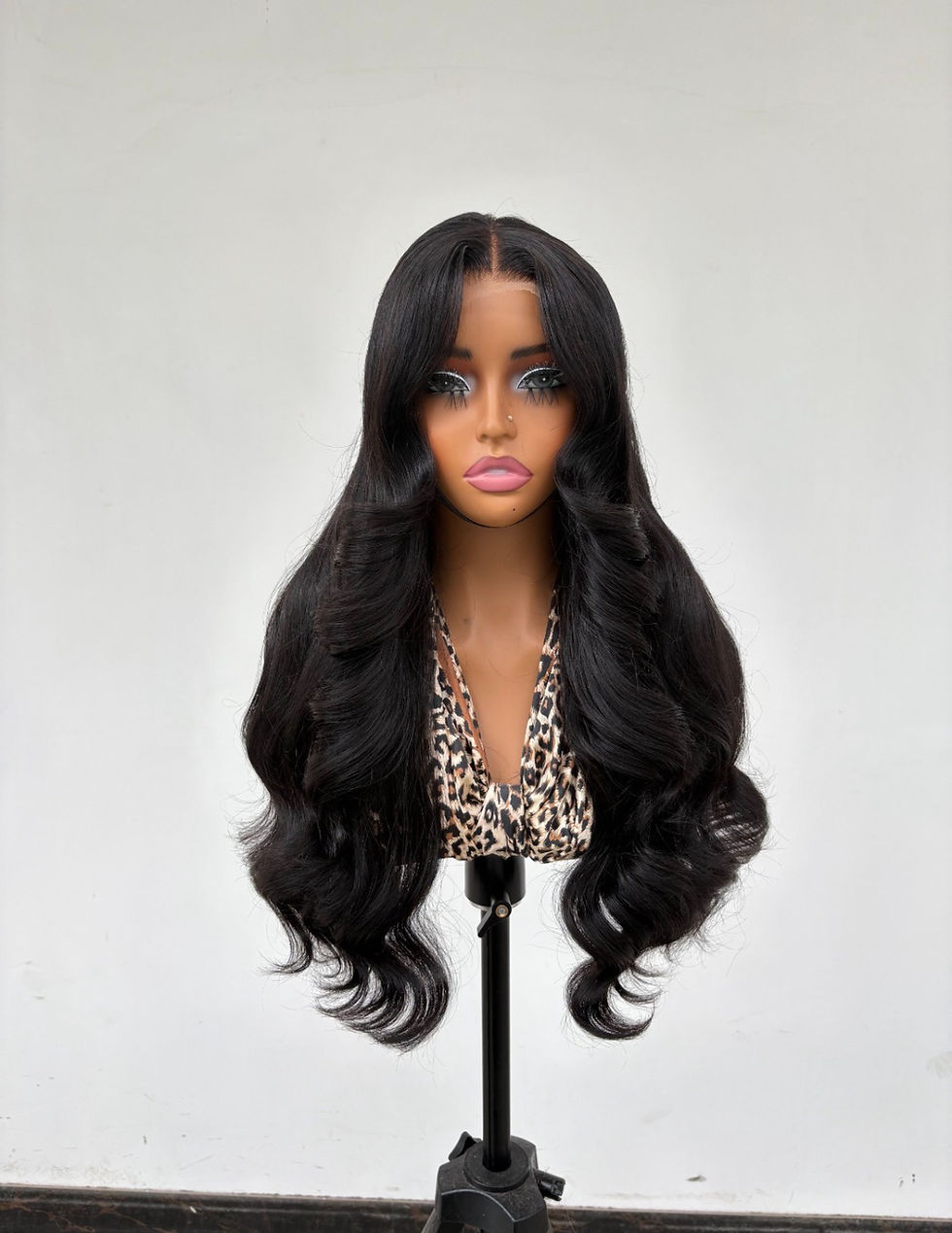 24-inch natural black body wave wig made from 100% premium human hair with a sleek center part, pre-plucked hairline