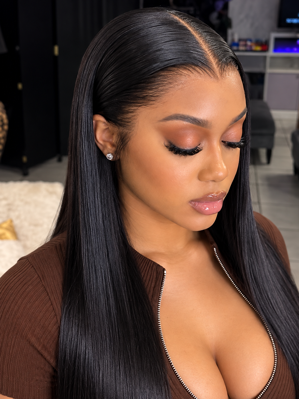 Close-up of upgraded Lagos M-shaped hairline with invisible 13x6 HD lace for a natural scalp appearance