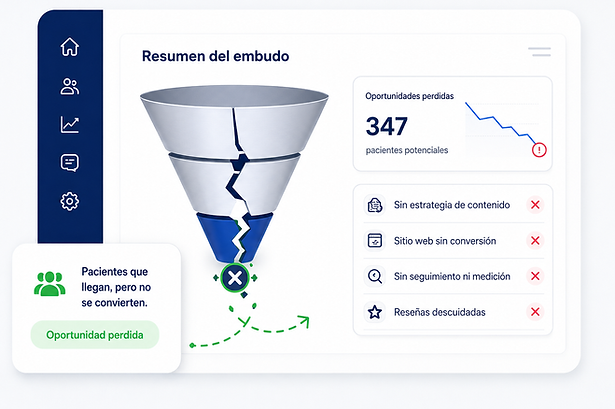 Embudo roto de marketing médico con oportunidades perdidas por falta de estrategia