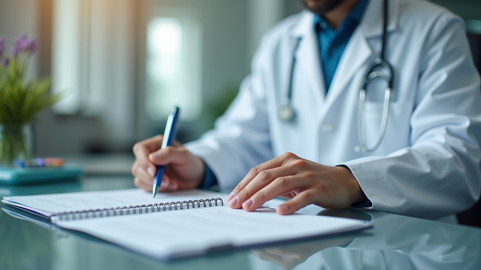 Close-up view of a medical professional reviewing patient records in a clinic