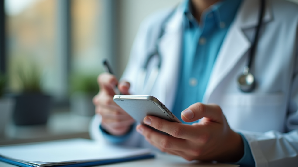 Close-up of a doctor’s hand holding a smartphone showing appointment reminders