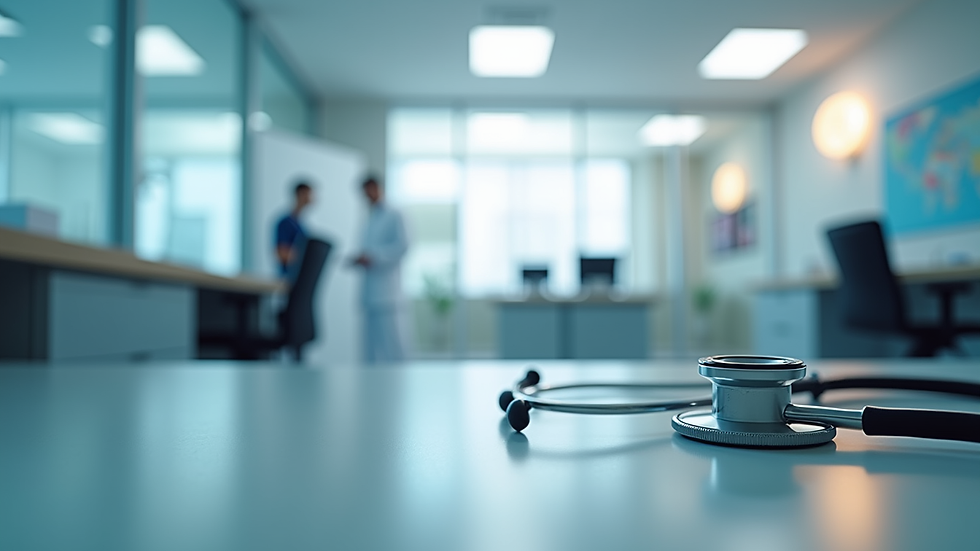 Eye-level view of a modern medical office with a stethoscope on the desk