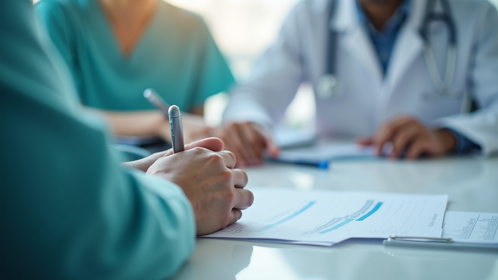Close-up view of a medical professional reviewing patient records
