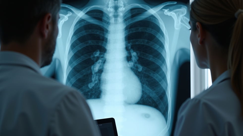 Eye-level view of a doctor explaining lung X-ray results to a patient