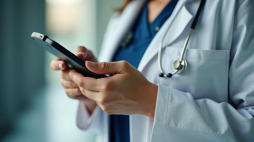 Plano detalle de una mano sosteniendo un teléfono móvil para agendar una cita médica