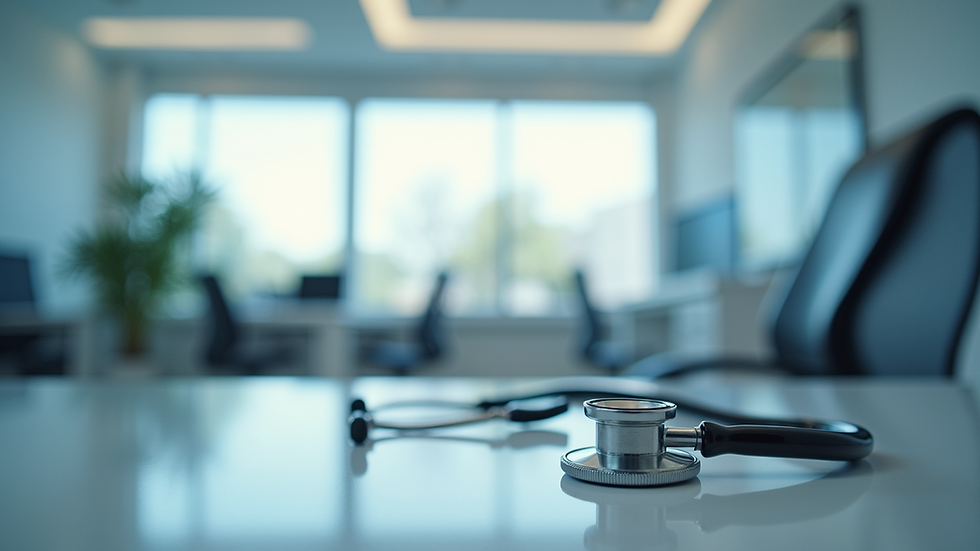 Eye-level view of a modern medical office with a stethoscope on the desk