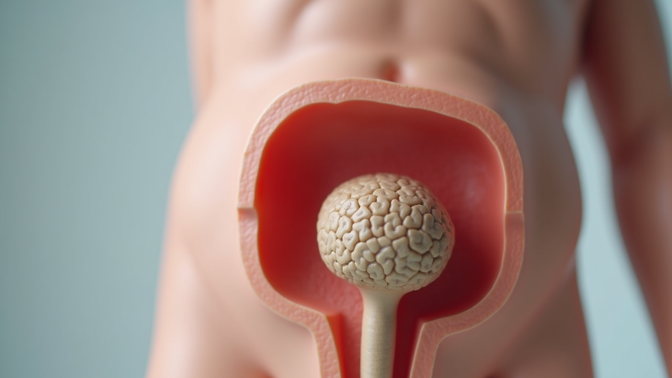 Close-up view of a medical model showing the prostate gland location