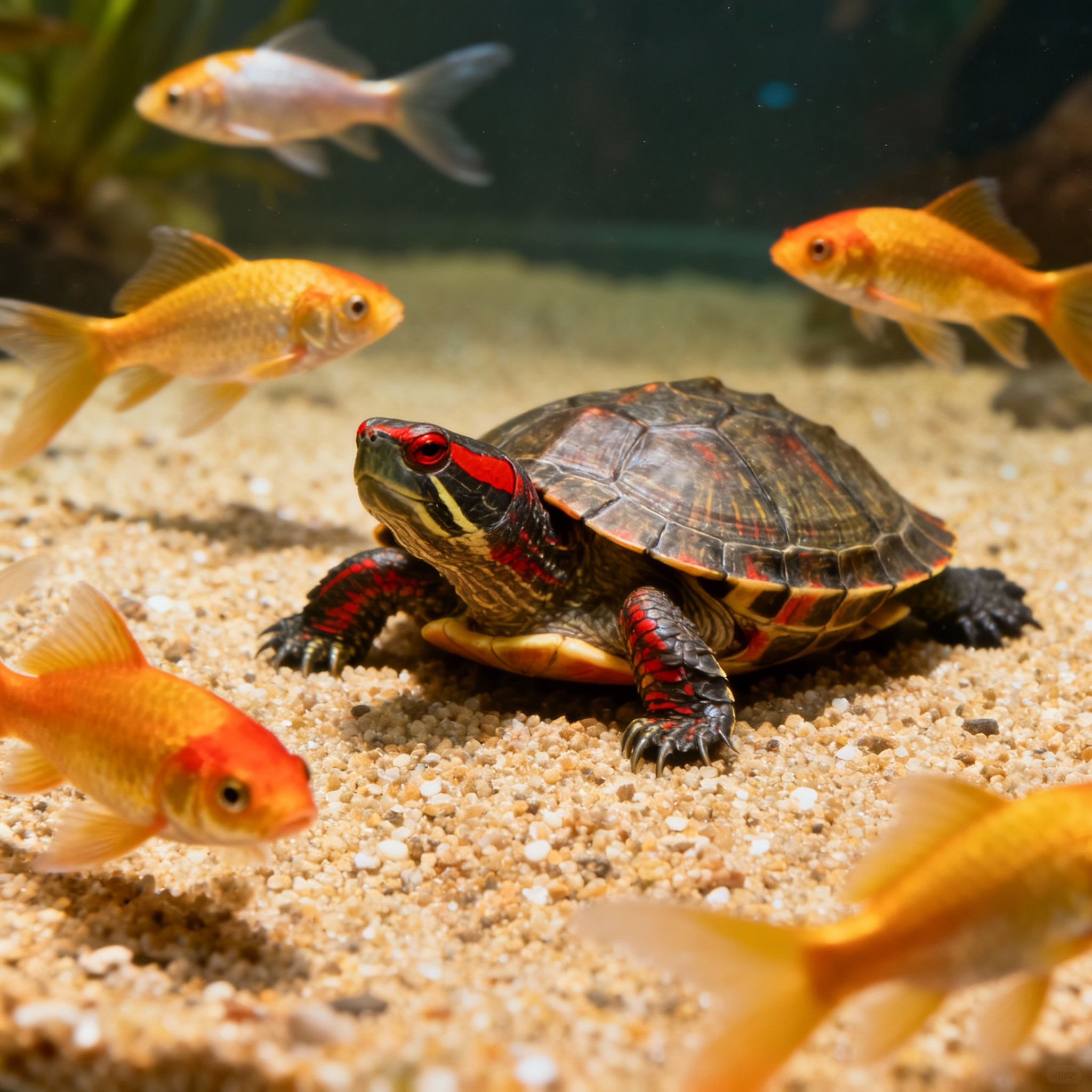 Red-eared slider turtle among goldfish in aquarium, sand background, Aquahari.