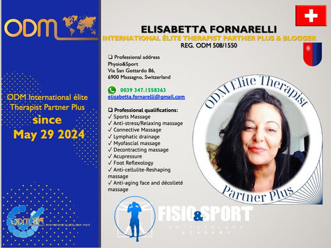Registrations, annual renewals, updating international professional profiles 2024: Elisabetta Fornareli 🇨🇭ODM International elite Therapist Partner Plus.