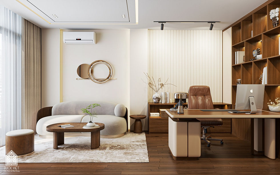 Phòng làm việc được tối ưu công năng, kết hợp hài hòa giữa gỗ - ánh sáng - bố cục