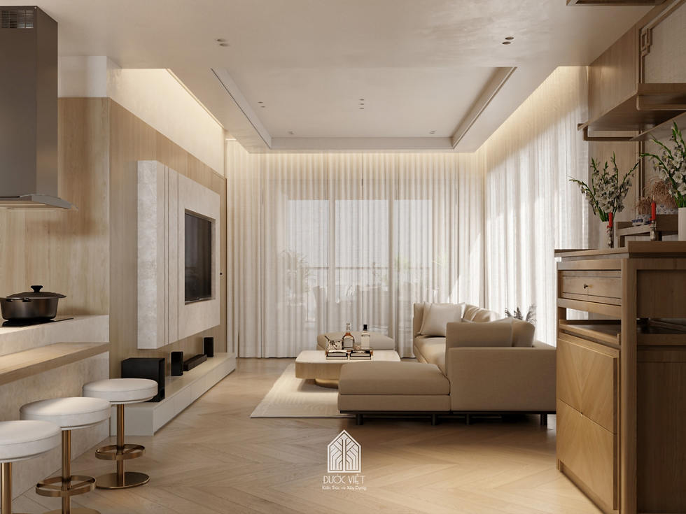 Phòng khách được Đước Việt thiết kế tinh giản với mảng tưởng ốp gỗ đồng bộ