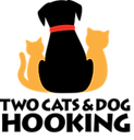 Two Cats and Dog Hooking logo A black dog and two yellow cats with words twocatsanddoghooking