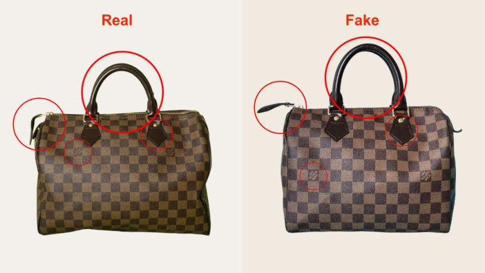 Side-by-side comparison of an authentic Louis Vuitton Bag and a counterfeit version, highlighting key differences in stitching, label alignment, hardware quality, and authenticity card details.