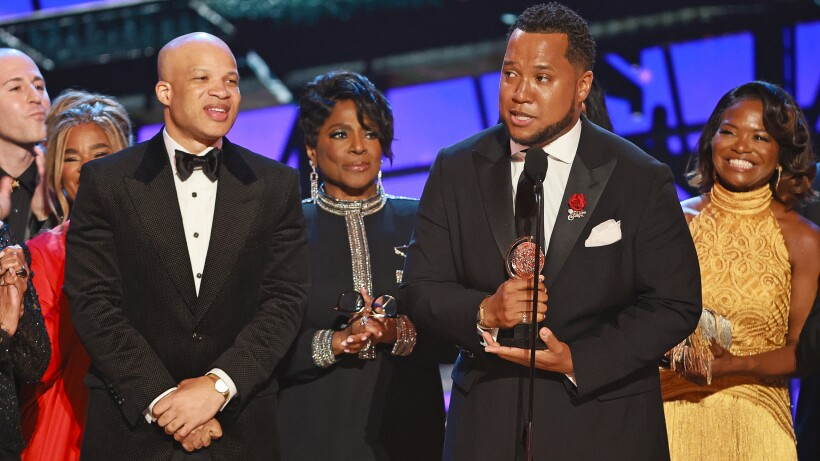 Glenn Davis (from left), LaTanya Richardson Jackson, Branden Jacobs Jenkins and LaChanze accept the Tony Award for best play for Steppenwolf Theatre’s production of “Purpose” onstage at Radio City Music Hall on Sunday night in New York.Theo Wargo/Getty