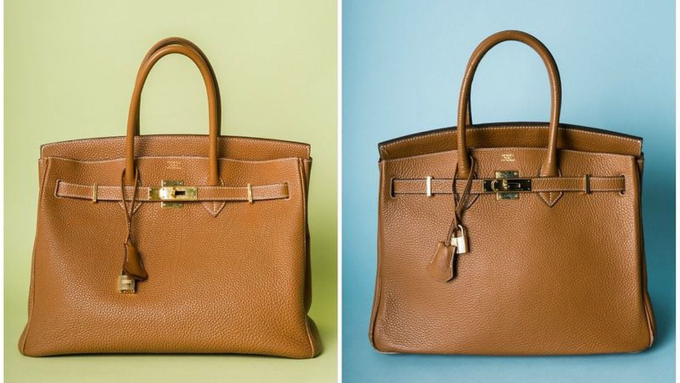 Side-by-side comparison of an authentic Hermes Kelly Bag and a counterfeit version, highlighting key differences in stitching, label alignment, hardware quality, and authenticity card details.