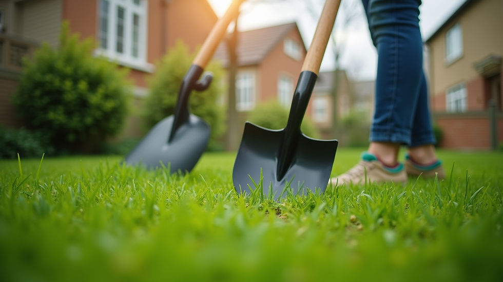 Eye-level view of a well-maintained urban lawn with garden tools