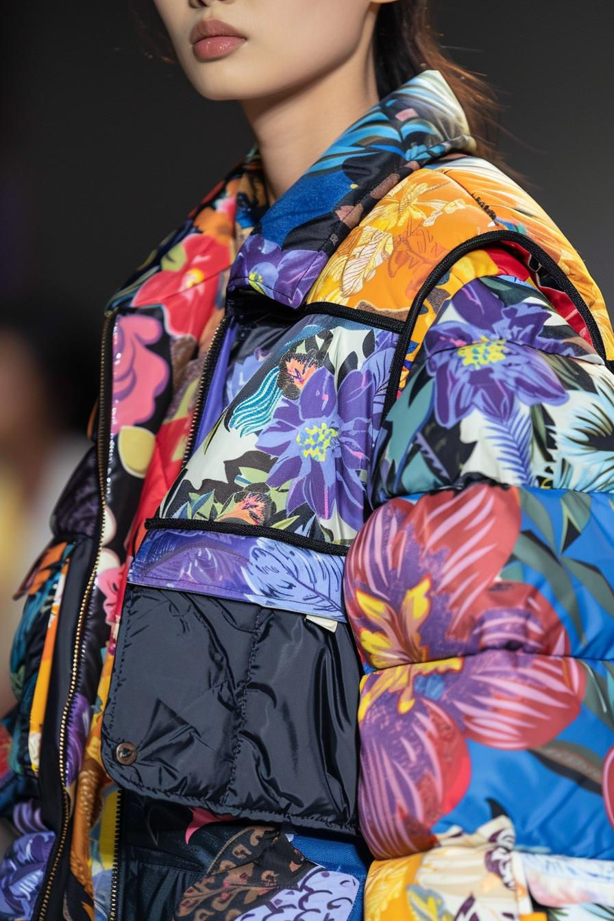 Floral printed leather vest layered over a puffer jacket dress with patchwork panels, showcasing the essence of deconstructed fashion.