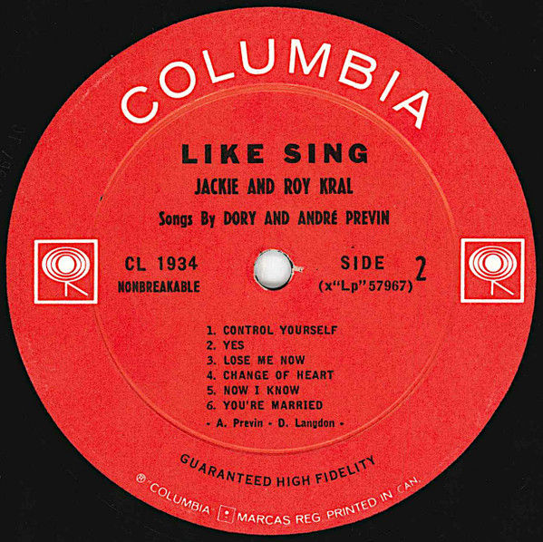 Thumbnail: Jackie & Roy - Like Sing (Songs By Dory And André Previn) (LP, Album, Mono) Ver