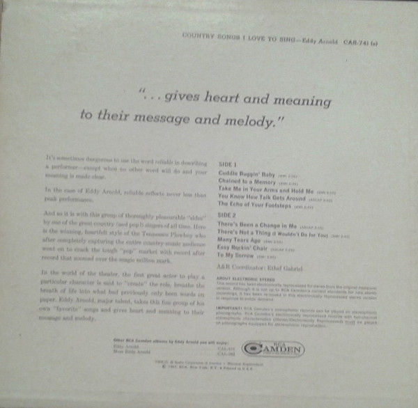 Thumbnail: Eddy Arnold - Country Songs I Love To Sing (LP, RE, Ind) Very Good Plus (VG+), V