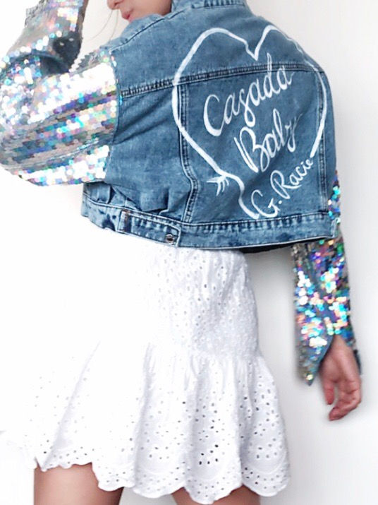Thumbnail: {Hers} Personalised sequin sleeves cropped denim jacket 