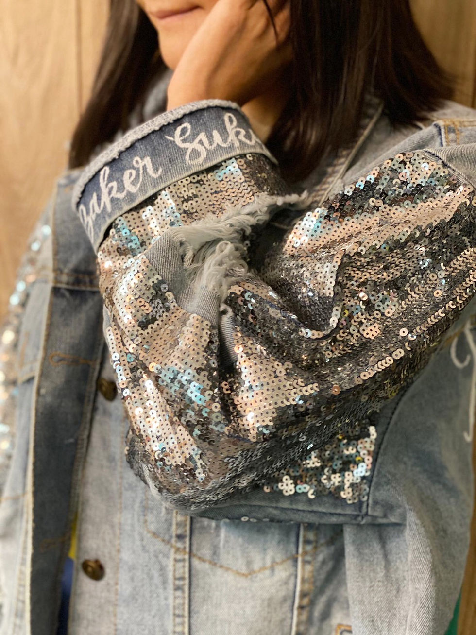 Thumbnail: {Hers} Sequin Sleeves Personalised Denim Jacket