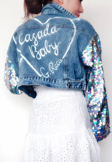 Thumbnail: {Hers} Personalised sequin sleeves cropped denim jacket 