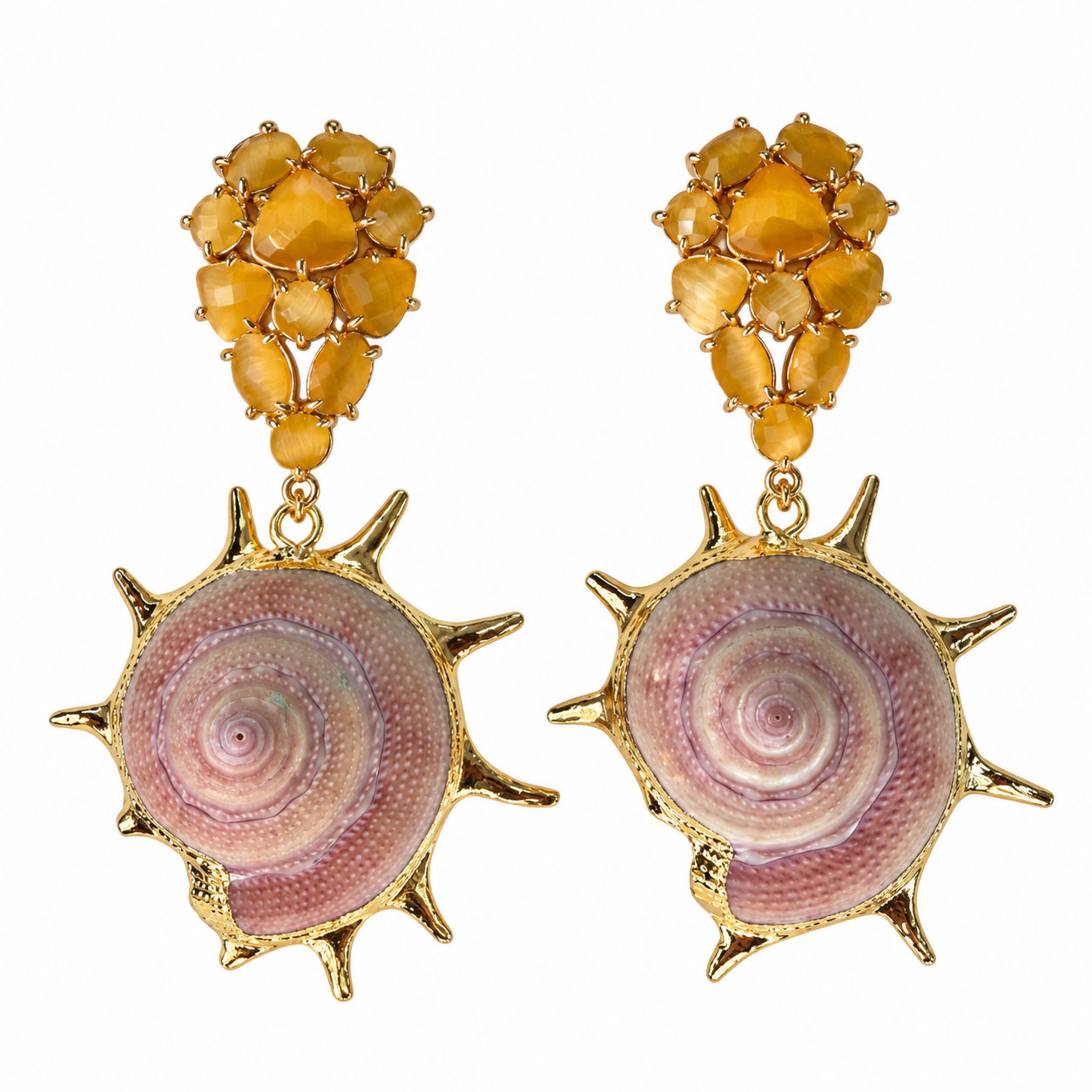 Aretes de Cristals con caracol natural en baño de oro 