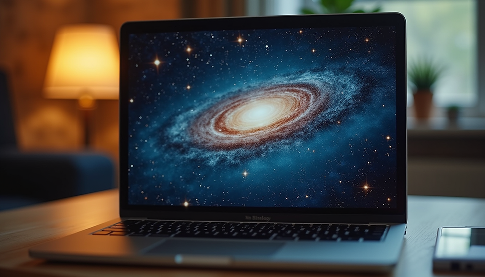 Laptop in gemütlichem Raum zeigt ein Bild der Galaxie, symbolisierend das Online-Lernen von Jyotish.