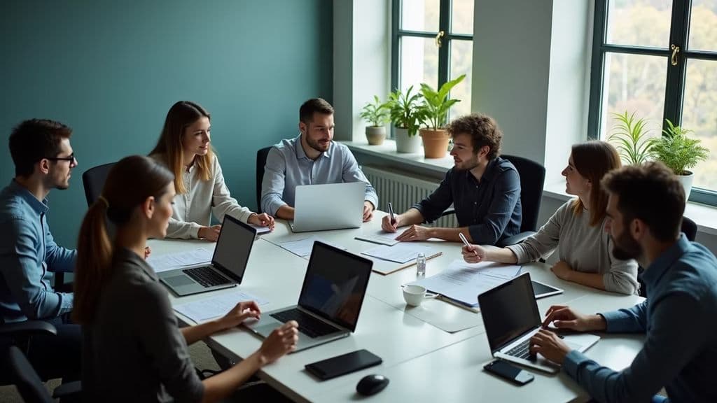 High angle view of a team collaborating in a modern office with digital devices