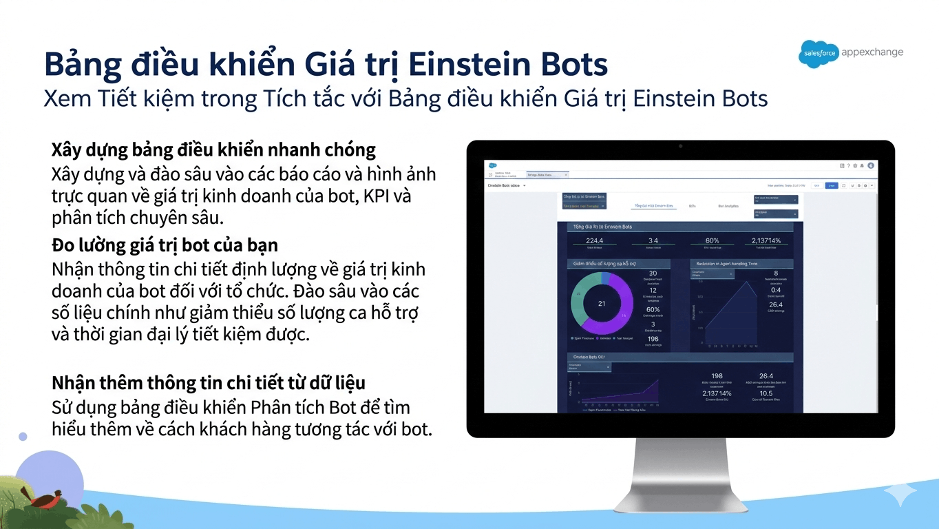 Computer screen displaying a dashboard with graphs and data on Einstein Bots. Text in Vietnamese discusses bot value analysis. Salesforce logo.