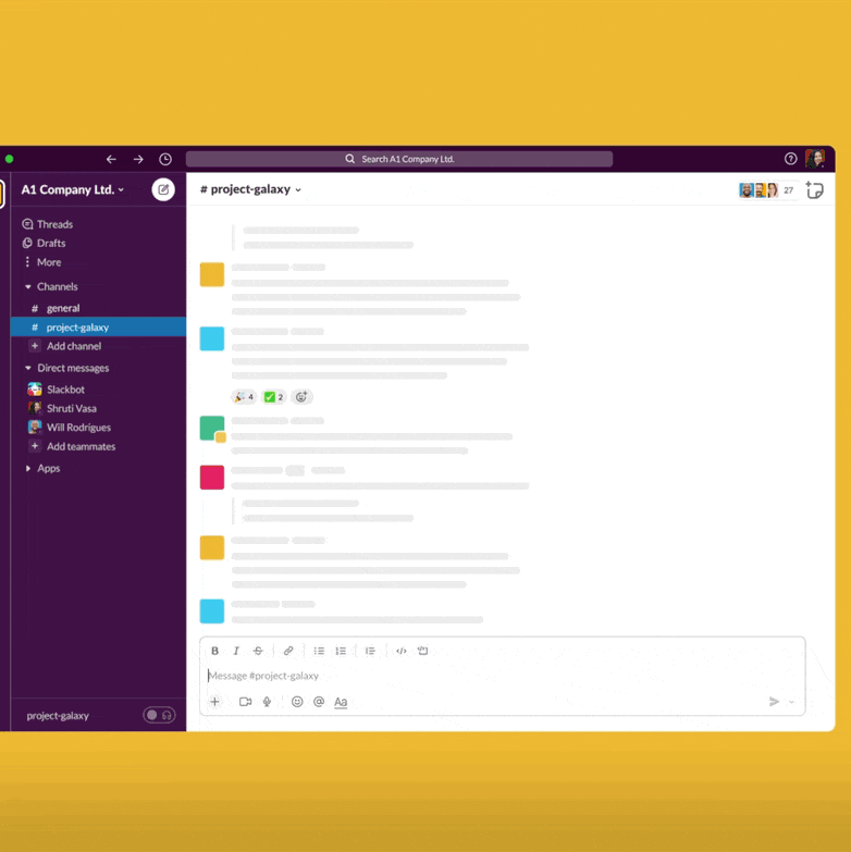 Slack workspace interface with message threads in a #project-galaxy channel. Vibrant side panel, color-coded tags. Yellow background.