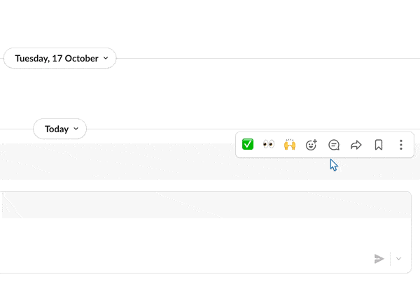 Cursor moves over emoji reactions, selecting a checkmark and applause on a message with dates. Simple, minimal design with a white background.