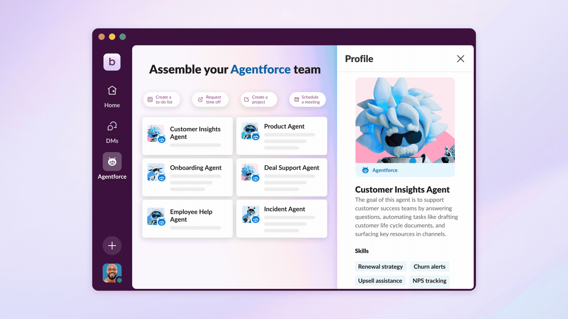 Ứng dụng máy tính để bàn hiển thị trang "Assemble your Agentforce team" với danh sách vai trò, ảnh và thông tin của Customer Insights Agent. Nền tím nhạt.