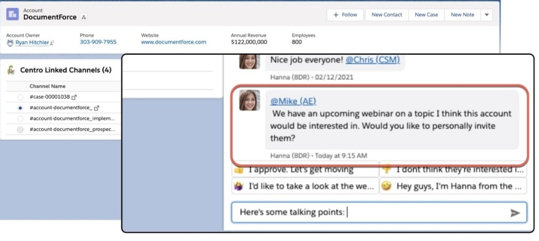 Interface of DocumentForce shows a message from Hanna inviting Mike to a webinar. Details include account info, linked channels, and contact icons.