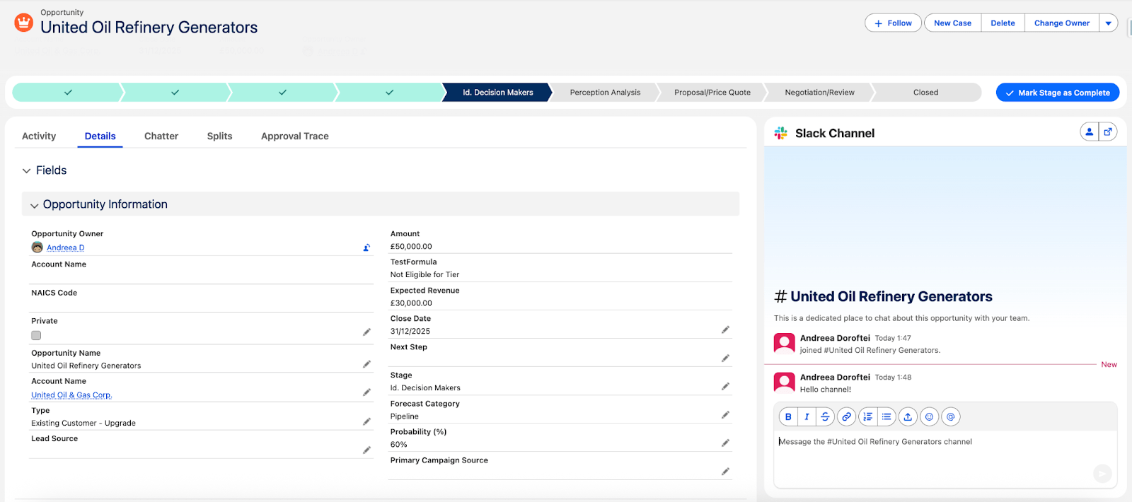 Dashboard interface showing "United Oil Refinery Generators" opportunity details and Slack channel chat. Light colors, business context.