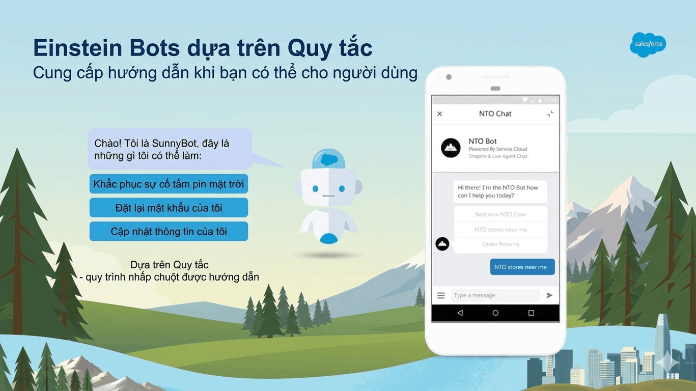 Robot chatbots in a scenic background. Text highlights chatbot tasks and shows chat interface on a phone. Blue, green, and natural tones.