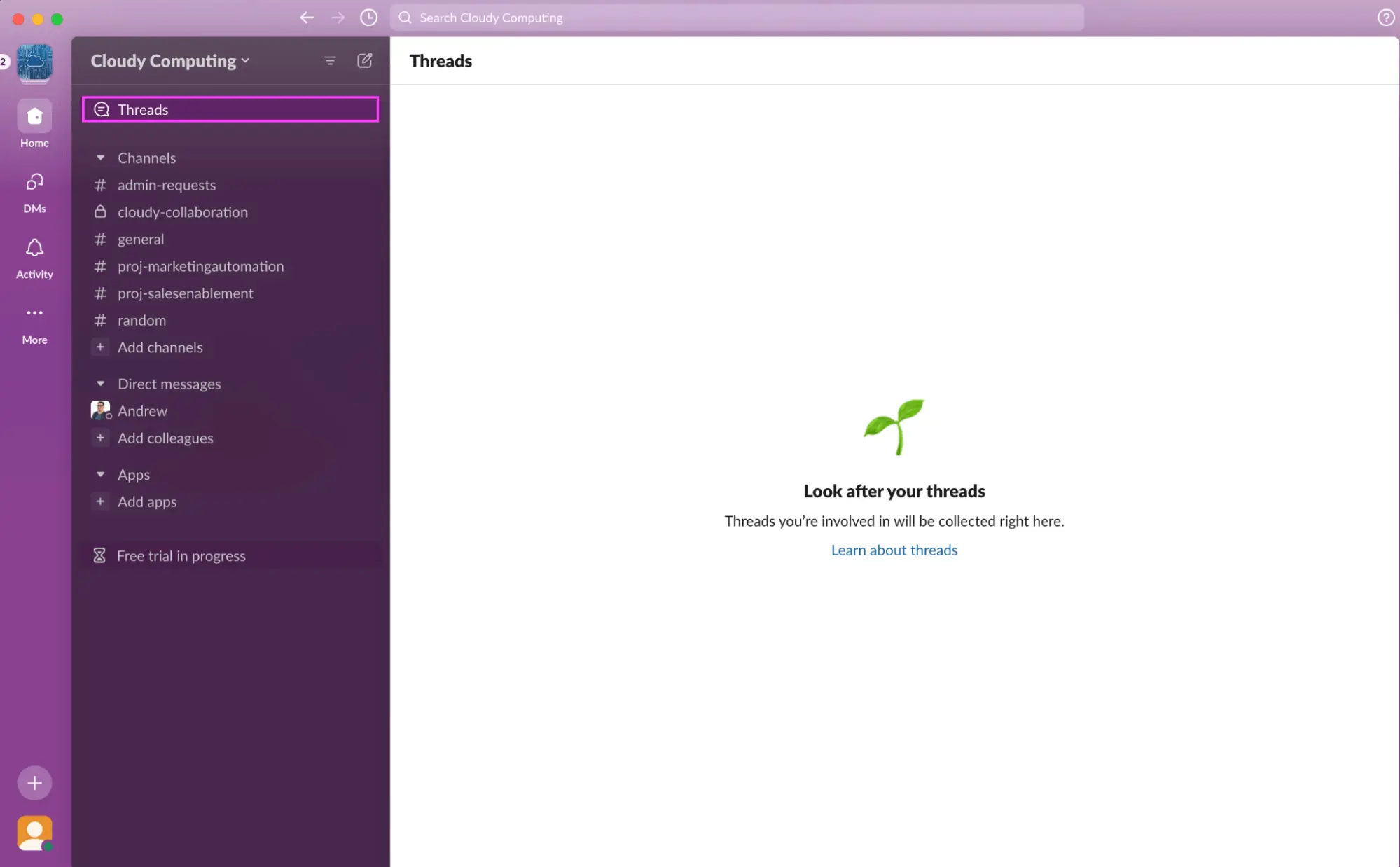 Sidebar with channels and threads on a purple background. Right panel has "Look after your threads" text with leaf icon. Calm, organized interface.