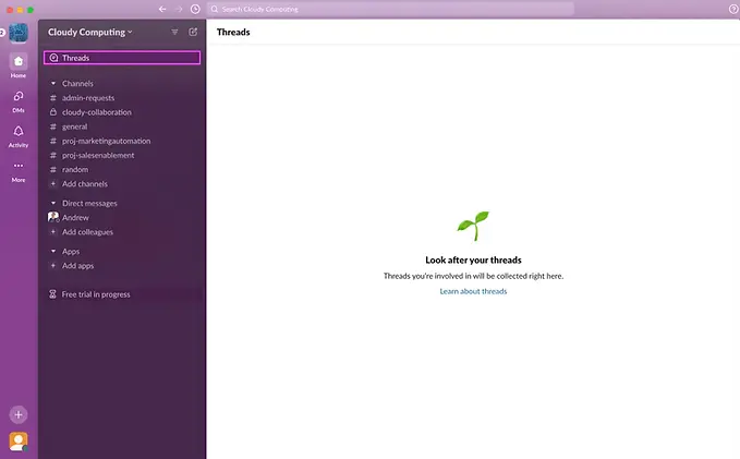 Sidebar with channels and threads on a purple background. Right panel has "Look after your threads" text with leaf icon. Calm, organized interface.