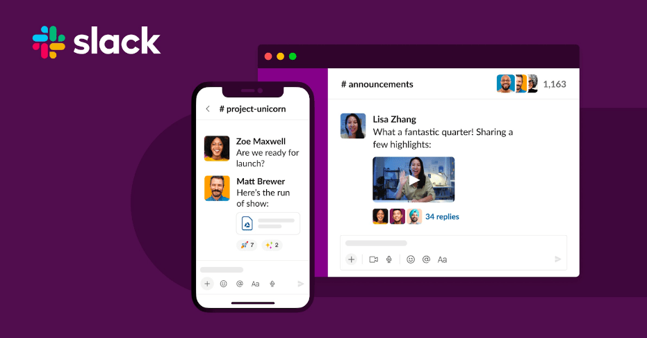 Slack interface on phone and desktop, showing chats. Zoe asks about launch readiness. Lisa shares quarterly highlights. Vibrant purple background.