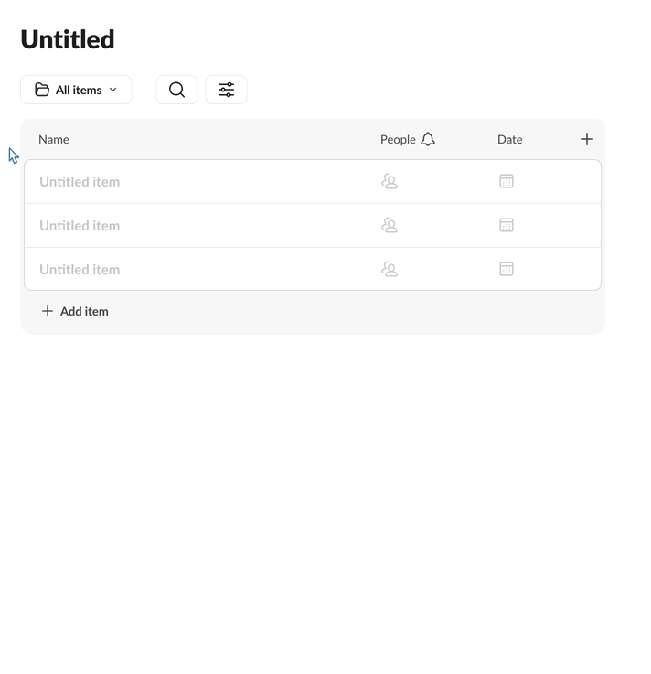 Giao diện bảng điều khiển với tiêu đề "Untitled." Bảng có ba hàng chưa có tiêu đề. Nút thêm mục mới ở dưới cùng. Màu sắc tối giản.