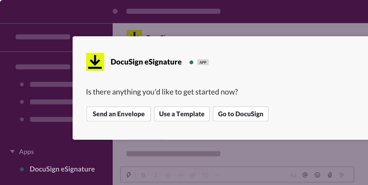 Docusign pop-up with options: Send Envelope, Use Template, Go to DocuSign. Yellow logo on purple background.